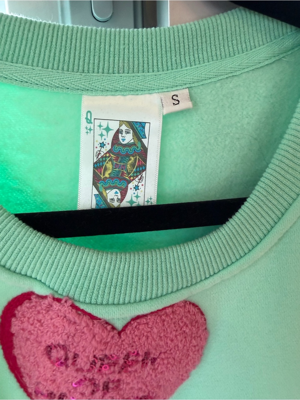 QUEEN OF SPARKLES Mint Green Heart Patch Sequin Sweatshirt - Picture 2 of 3